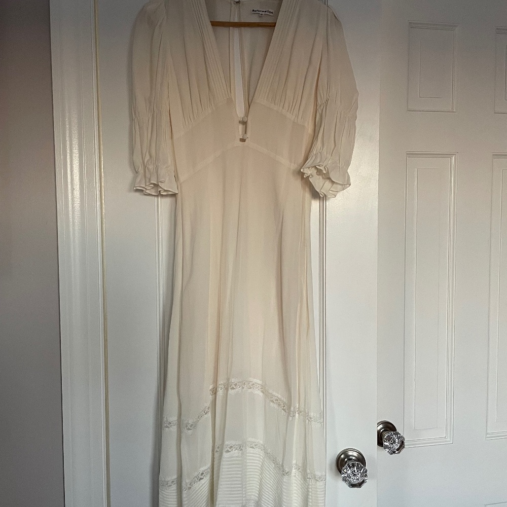 Reformation deep v cream dress